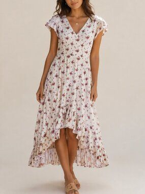 Lindy Bop Floral Cottagecore Midi Dress Ruffle Hem Romantic Ivory Pink